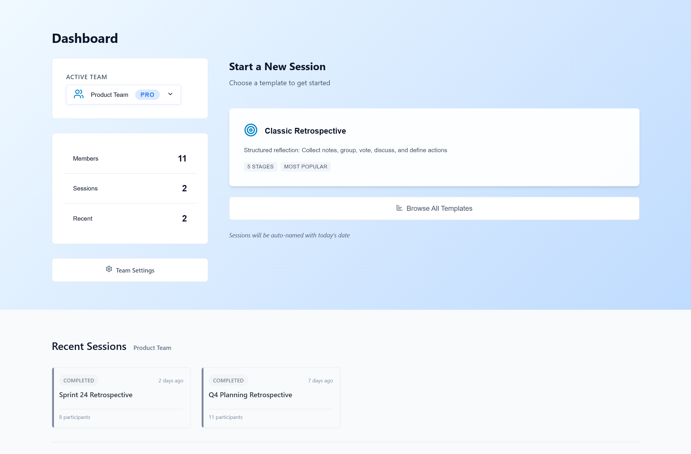 Retrospective.fun dashboard showing Product Team with 11 members, recent retrospective sessions, and quick session creation